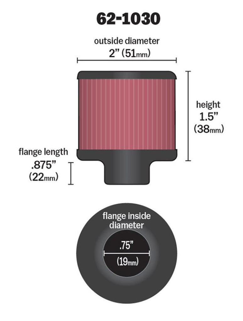 K&N Steel Base Crankcase Vent Filter .75in Vent OD x 2in OD x 1.5in Height - 62-1030