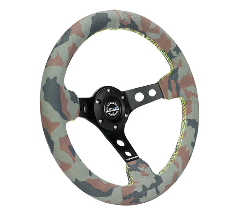 NRG Reinforced Steering Wheel (350mm / 3in. Deep) Camo Suede Mark w/ Neon Grn stitching & Blk Spoke - RST-006MB-S-CAMO
