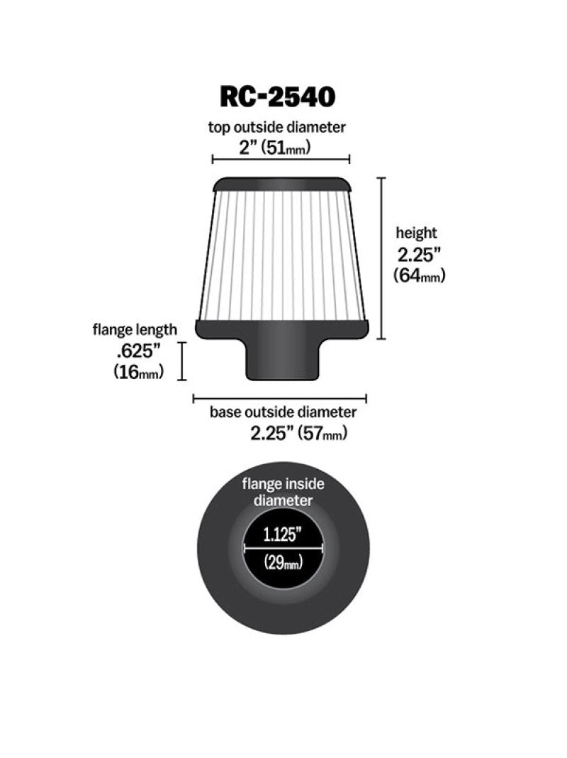 K&N Universal Chrome Filter 1 1/8 inch FLG / 2 1/4 inch Bottom / 2 inch Top / 2.5 inch Height - RC-2540
