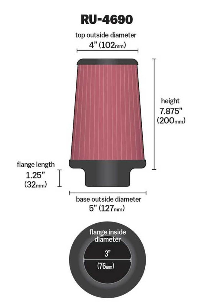 K&N Universal Round Tapered Filter 3 inch FLG / 5 inch Bottom / 4 inch Top / 7 7/8 inch Height - RU-4690