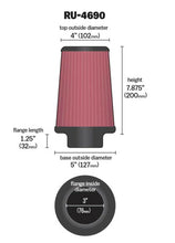 Load image into Gallery viewer, K&amp;N Universal Round Tapered Filter 3 inch FLG / 5 inch Bottom / 4 inch Top / 7 7/8 inch Height - RU-4690