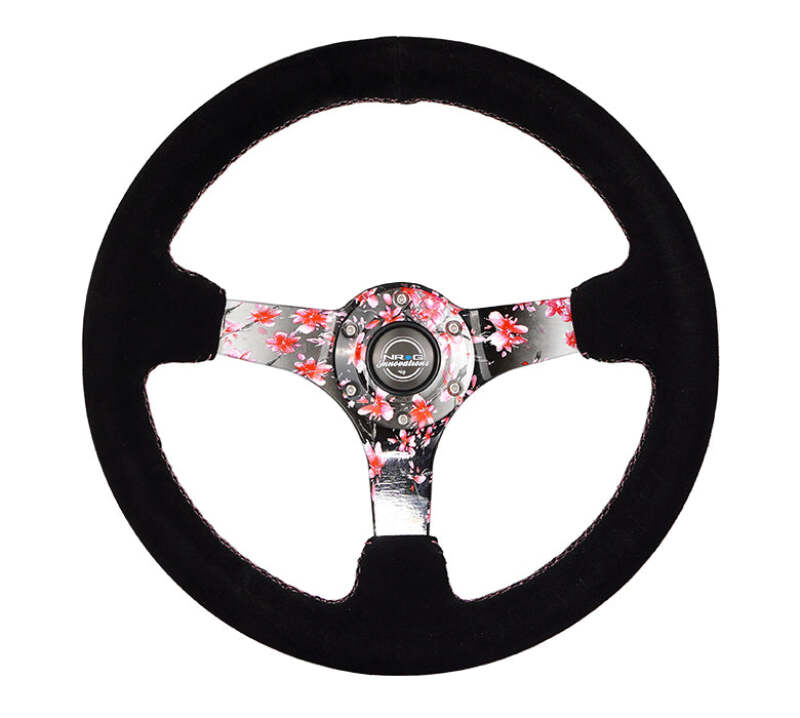 NRG Reinforced Steering Wheel (350mm) 3in Deep Pink Sakura Floral Solid Spoke - Black Suede/Stitch - RST-036SAK-S