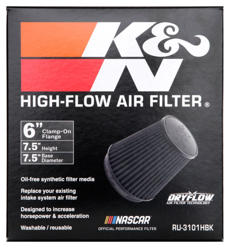 K&N Universal Rubber Filter Round Tapered 6in Flange ID x 7.5in Base OD x 5.25in Top OD x 8in Height - RU-3101HBK