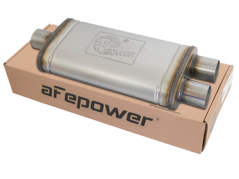 aFe MACHForce XP SS Muffler 2.5in Center Inlet / 2.5in Dual Outlets 18in L x 9in W x 4in H Body - 49M00009