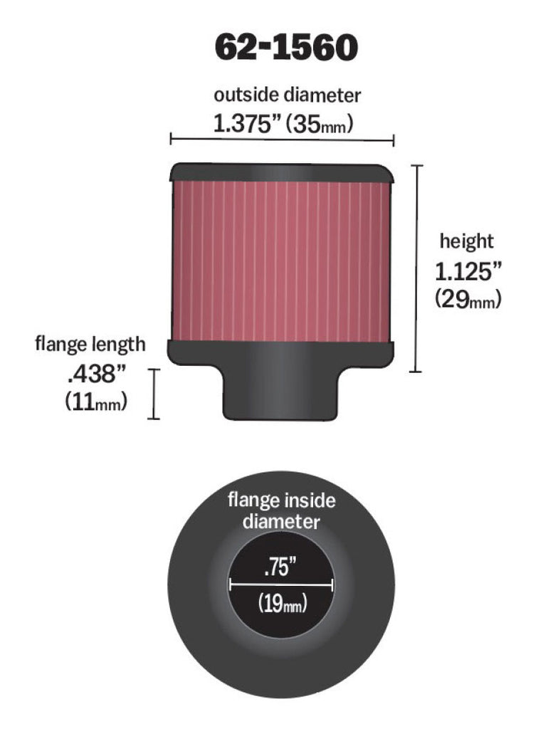 K&N 0.75 inch ID 1.375 inch OD 1.125 inch H Clamp On Crankcase Vent Filter - 62-1560