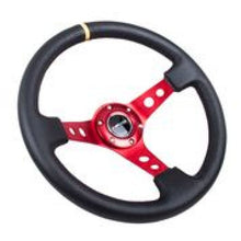 Load image into Gallery viewer, NRG Reinforced Steering Wheel (350mm / 3in. Deep) Blk Leather w/Red Spokes &amp; Sgl Yellow Center Mark - RST-006RD-Y