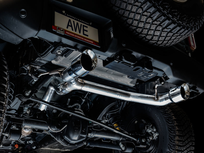 AWE Tuning 2021+ Ford Bronco 0FG Dual Rear Exit Exhaust w/Chrome Silver Tips & Bash Guard - 3015-32456