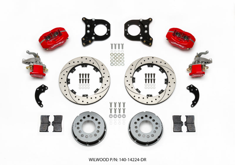 Wilwood Forged Dynalite P/S Rear Kit w/MC4 P-Brake Drill Red Chev 12 Bolt w/Clip Eliminator - 140-14224-DR