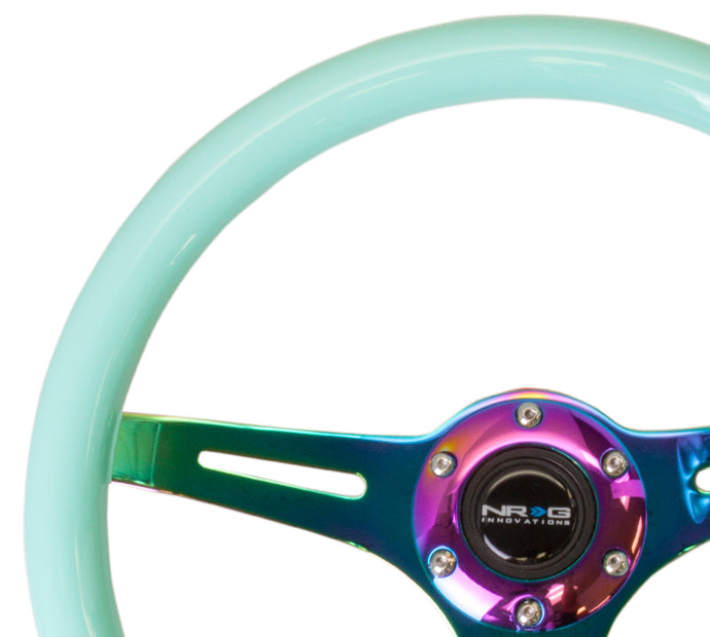 NRG Classic Wood Grain Steering Wheel (350mm) Minty Fresh Color w/Neochrome 3-Spoke Center - ST-015MC-MF