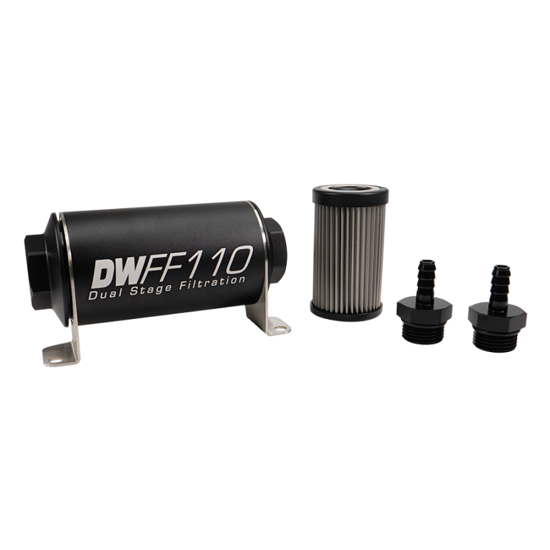 DeatschWerks Stainless Steel 5/16in 10 Micron Universal Inline Fuel Filter Housing Kit (110mm) - 8-03-110-010K-516