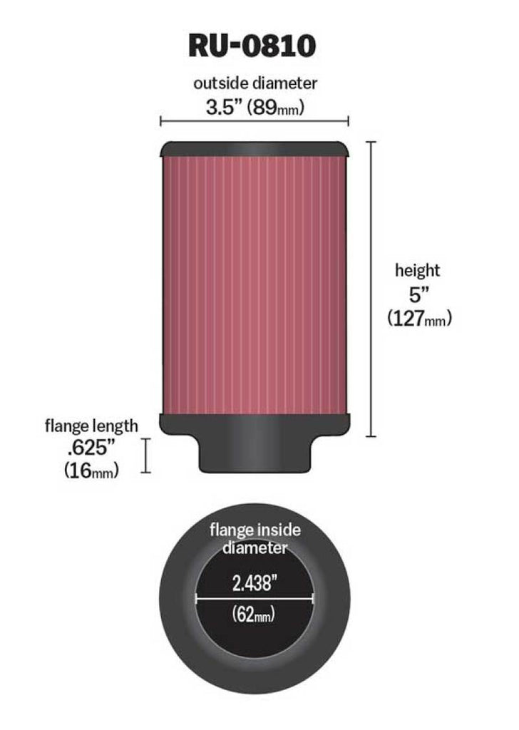 K&N Universal Rubber Filter 2.438in Flange ID x 3.5in OD x 5in Height for 97-98 Yamaha TDM850 - RU-0810