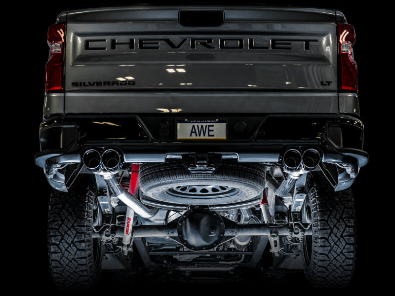 AWE Tuning 4th Gen GM 1500 6.2L 0FG Cat-Back Split Rear Exit (w/ Bumper Cutouts) - Quad Chrome Tips - 3015-42203