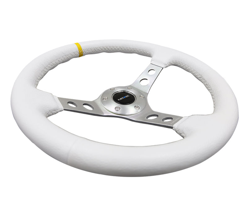 NRG Reinforced Steering Wheel (350mm / 3in. Deep) White Leather w/Silver Spoke & Single Yellow Mark - RST-006WT-Y