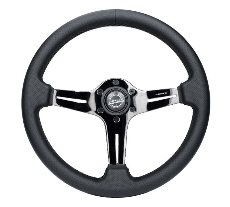 NRG Light Weight Gaming Steering Wheel - 350mm 3 Black Chrome Silver Spokes Perforated Leather - ST-018BC-PR