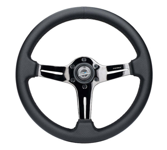 NRG Light Weight Gaming Steering Wheel - 350mm 3 Black Chrome Silver Spokes Perforated Leather - ST-018BC-PR