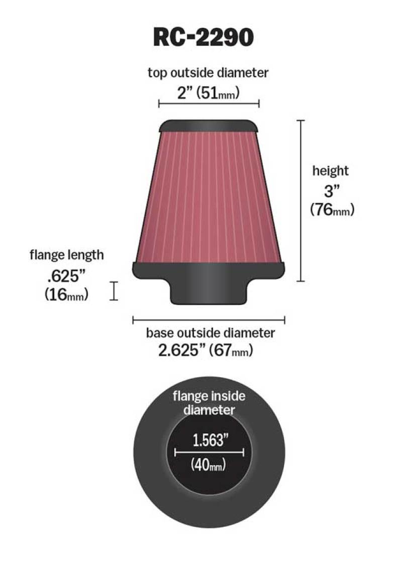 K&N Universal Chrome Filter 1 9/16 inch FLG / 2 5/8 inch Bottom / 2 inch Top / 3 inch Height - RC-2290
