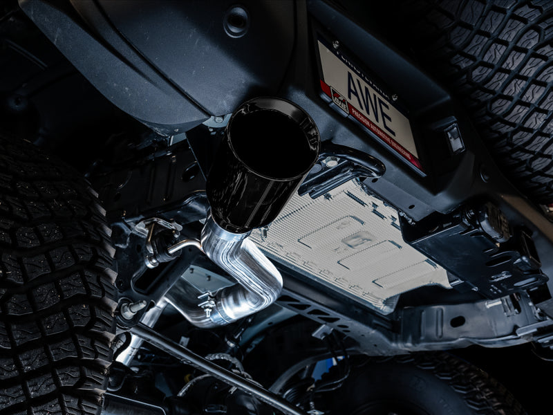 AWE Tuning 2021+ Ford Bronco 0FG Single Rear Exit Exhaust w/Diamond Black Tip & Bash Guard - 3015-23789