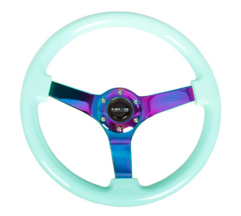 NRG Reinforced Steering Wheel (350mm / 3in. Deep) Minty Fresh Wood Grain w/Neochrome 3-Spoke Center - RST-036MF-MC