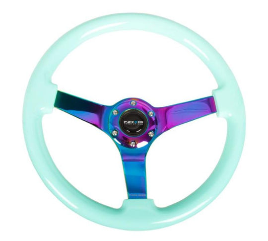 NRG Reinforced Steering Wheel (350mm / 3in. Deep) Minty Fresh Wood Grain w/Neochrome 3-Spoke Center - RST-036MF-MC
