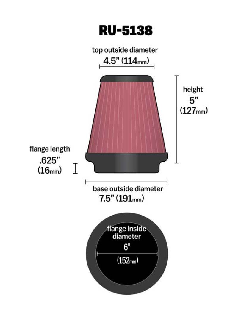 K&N Universal Clamp-On Air Filter 6in FLG / 7-1/2in B / 4-1/2in T / 5in H - RU-5138
