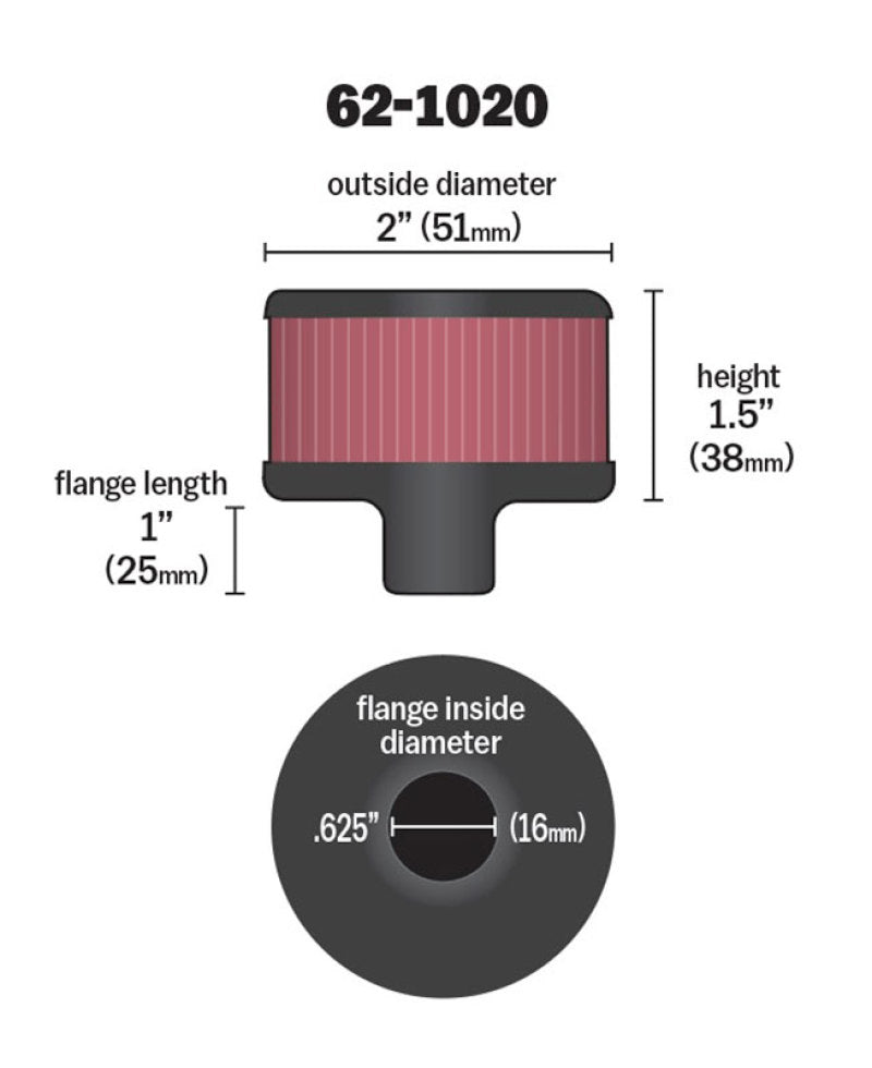 K&N Steel Base Crankcase Vent Filter .625in Vent OD x 2in OD x 1.5in Height - 62-1020