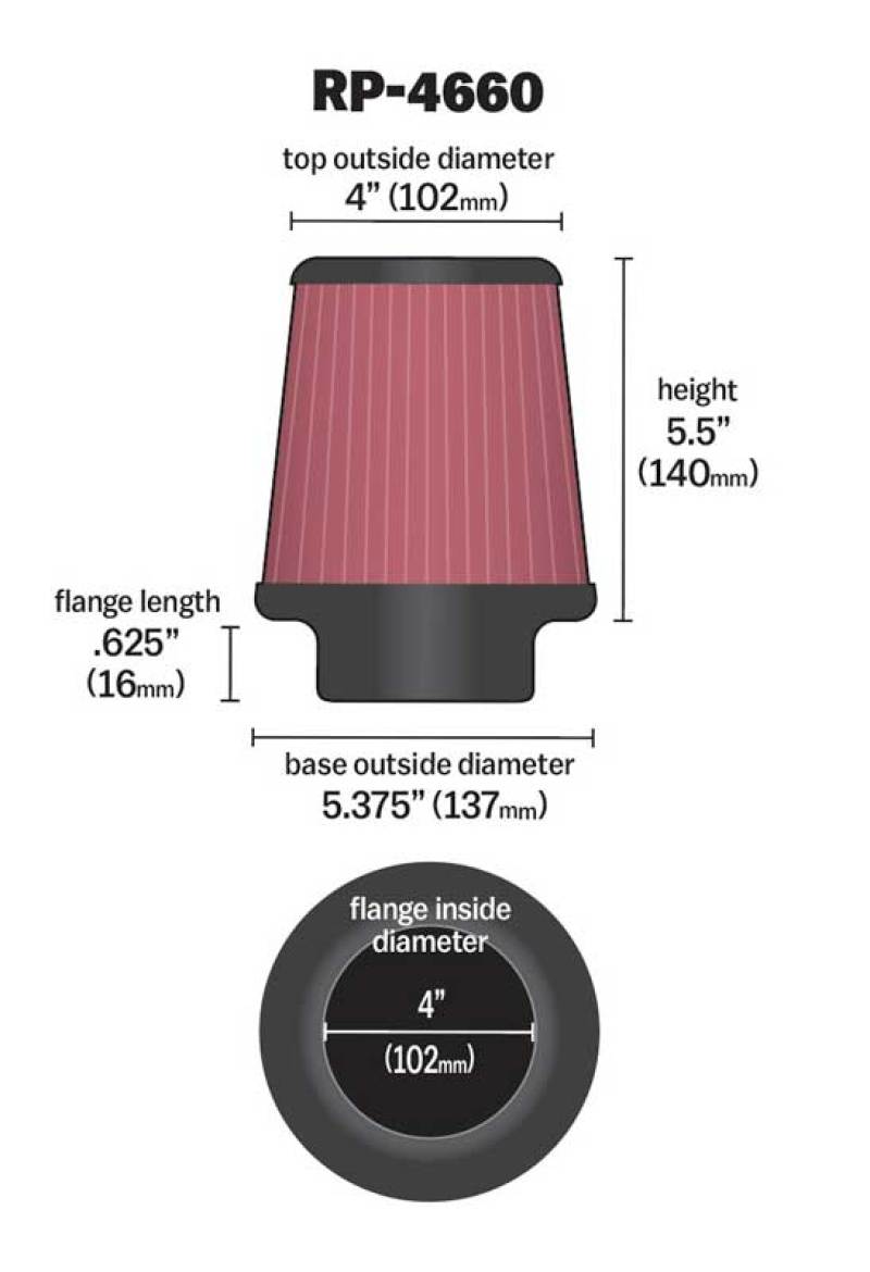 K&N Universal Air Filter - Round Tapered 4in Flange ID / 5.375in Base OD / 4in Top OD / 5.5in H - RP-4660