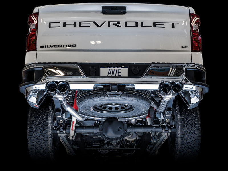 AWE Tuning 4th Gen GM 1500 5.3L 0FG Cat-Back Split Rear Exit (w/ Bumper Cutouts) - Quad Chrome Tips - 3015-42201