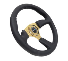 Load image into Gallery viewer, NRG Reinforced Steering Wheel (350mm / 2.5in. Deep) Leather Race Comfort Grip w/4mm Gold Spokes - RST-023GD-R