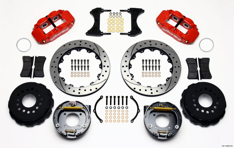 Wilwood Narrow Superlite 4R Rear P-Brk Kit 12.88in Drilled Red Chevy 12 Bolt w/ C-Clips Staggered mt - 140-10908-DR