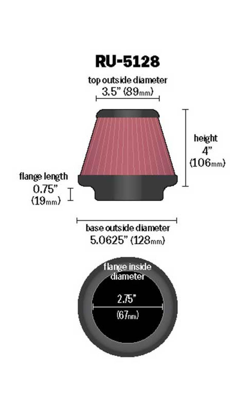 K&N Universal Tapered Filter 2.75in Flange ID x 5.0625in Base OD x 3.5in Top OD x 4in Height - RU-5128