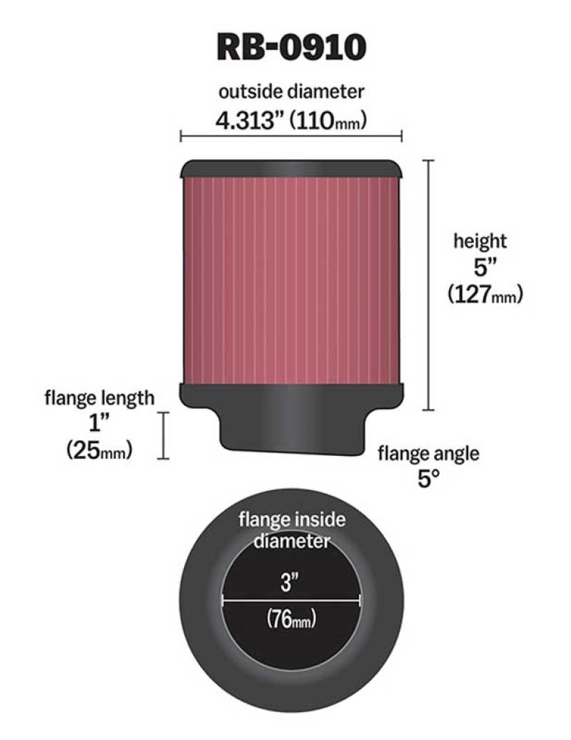 K&N Universal Rubber Filter 3 inch 5 Degree FLG 4 1/2 inch OD 5 inch Height - RB-0910