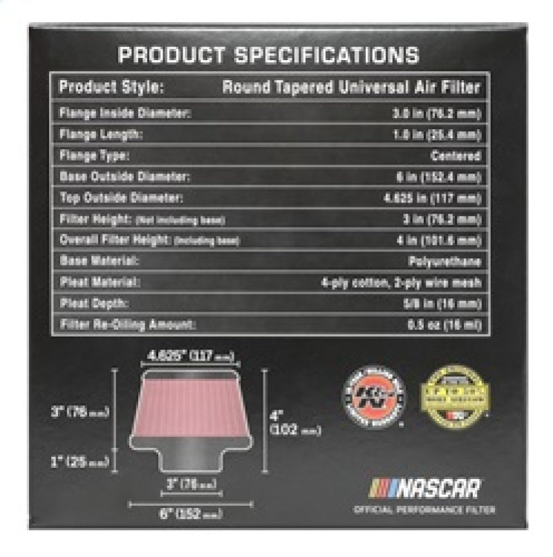 K&N Universal Round Clamp-On Air Filter 3in Flange ID x 6in Base OD x 4.625in Top OD x 3in Height - RU-5288
