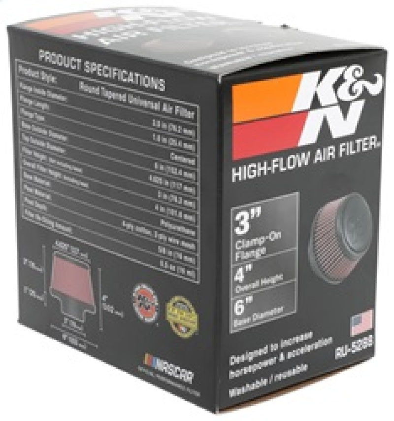 K&N Universal Round Clamp-On Air Filter 3in Flange ID x 6in Base OD x 4.625in Top OD x 3in Height - RU-5288