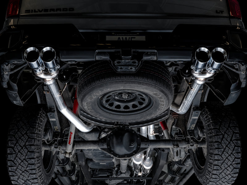 AWE Tuning 4th Gen GM 1500 6.2L 0FG Cat-Back Split Rear Exit (w/ Bumper Cutouts) - Quad Chrome Tips - 3015-42203