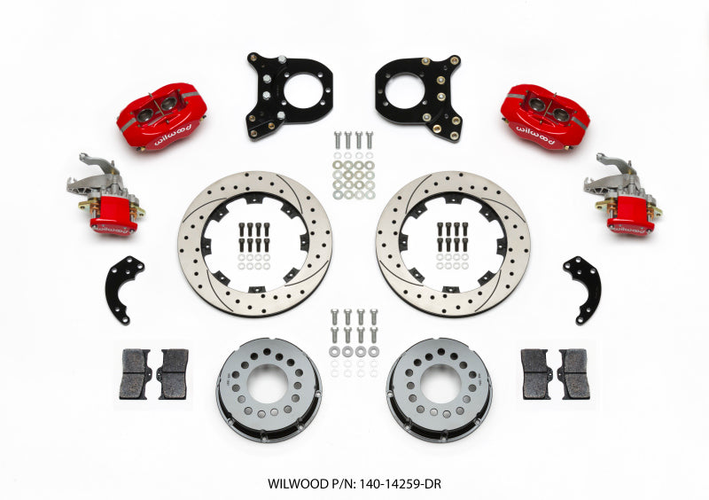Wilwood Forged Dynalite P/S Rear Kit w/MC4 P-Brake Drill Red Chev 12 Bolt w/Clip Elimin-Staggered - 140-14259-DR