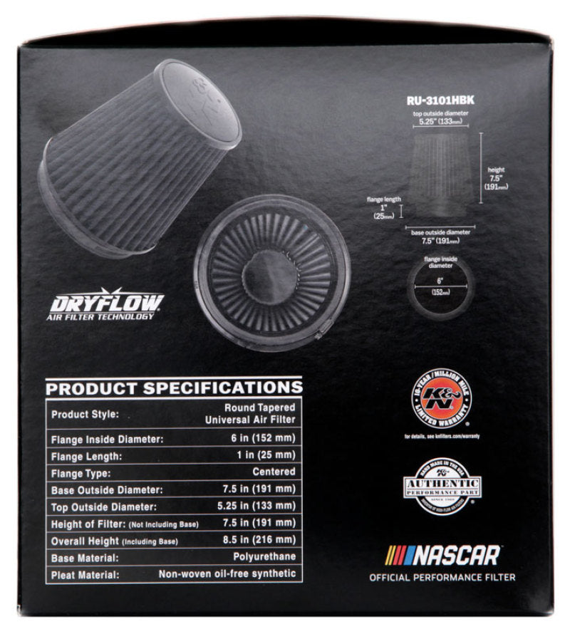 K&N Universal Rubber Filter Round Tapered 6in Flange ID x 7.5in Base OD x 5.25in Top OD x 8in Height - RU-3101HBK