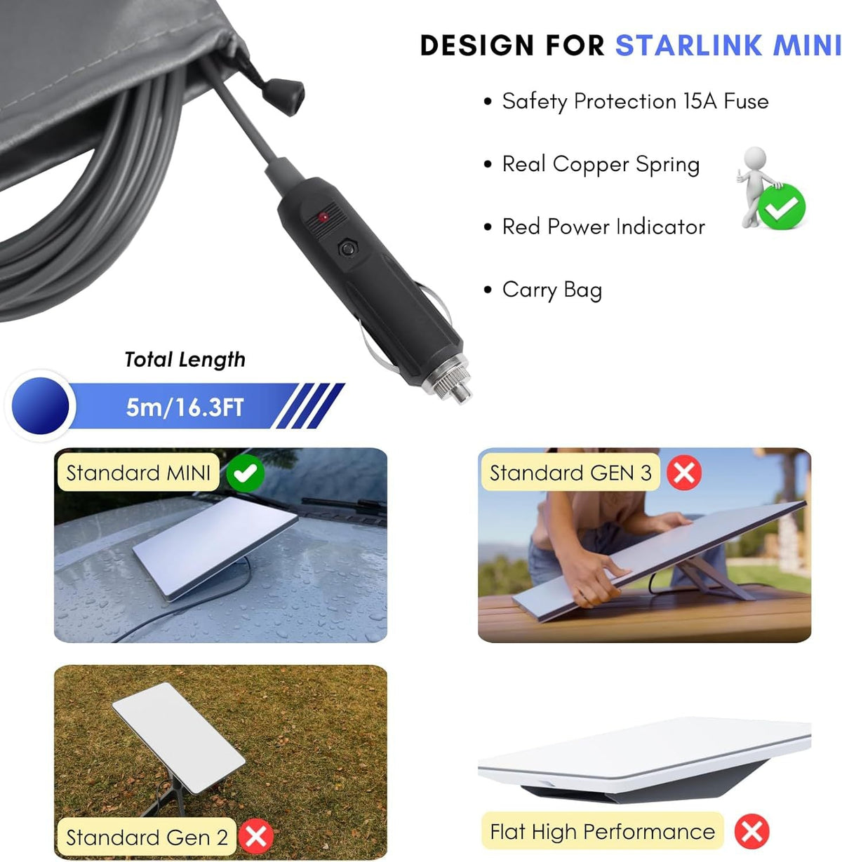 12V-24V Car Cigarette Lighter to DC Power Cable for Starlink Mini | 3M-10M