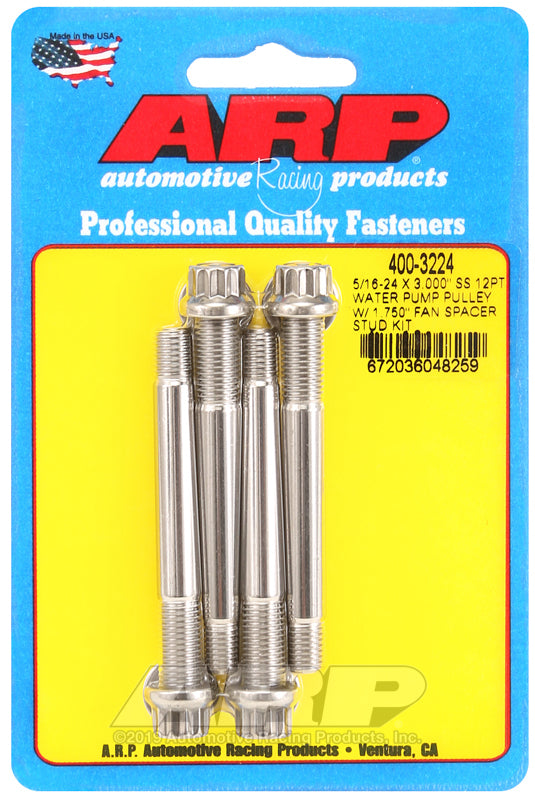 ARP 5/16-24 X 3.000 SS 12pt water pump pulley w/ 1.750in fan spacer stud kit - 400-3224