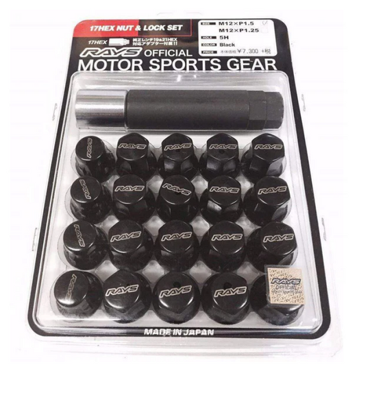 Rays M12x1.25 5 holes 16pcs nut, 4pcs Lock nut, 1 adapter & 1 lock nut key - Black - W1712125B