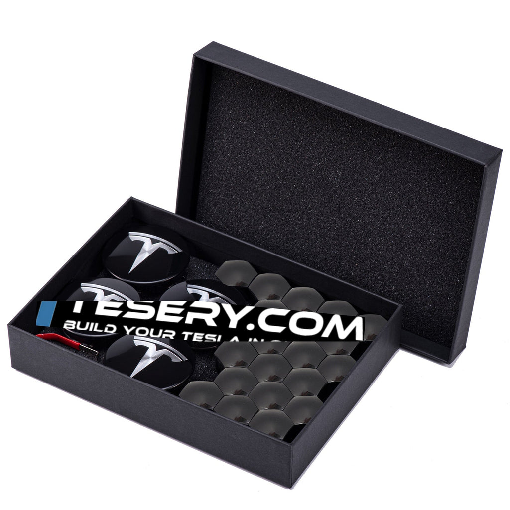 Wheel Center Cap Kit with Puller for Model 3/Y/S/X | 4 Hub Caps + 20 Lug Nut Covers