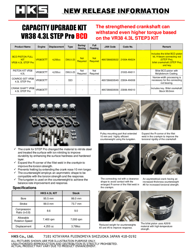 HKS BCD Piston Kit VR38 4.3L STEP Pro - 21004-AN024