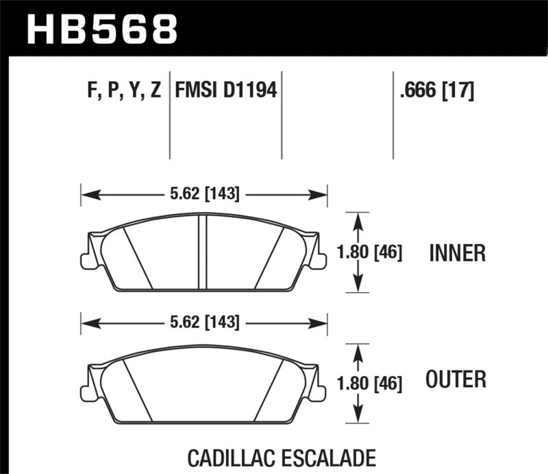 Hawk Cadillac / Chev Avalanche/Silverado/Suburban/Tahoe / GMC Sierra/Yukon HPS Rear Street Brake Pad - HB568F.666