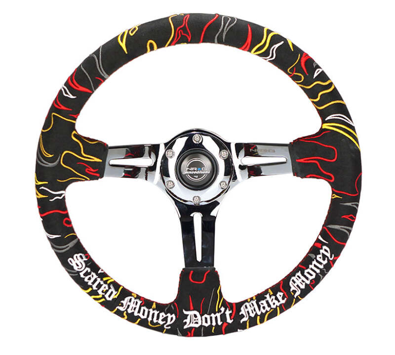 NRG Reinforced Steering Wheel R Litteral Sig 3in Deep/5mm Chrome Spoke - Blk Alcantara w/ Red Stitch - RST-018CH-RLB
