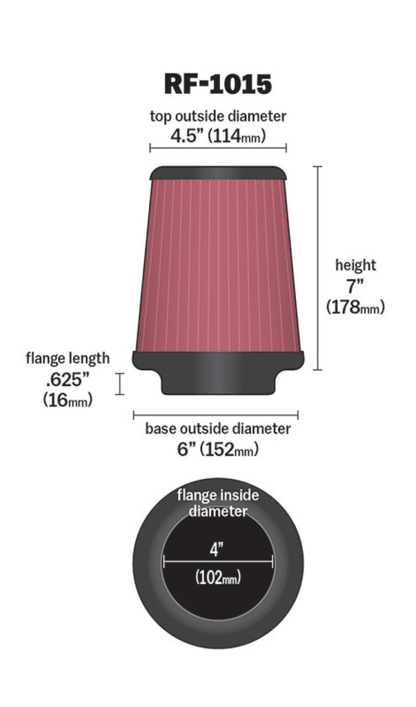 K&N 6 inch OD-Base 4 1/2 inch OD-Top 7 Inch H Round Tapered Universal Air Filter - RF-1015