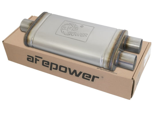 aFe MACHForce XP SS Muffler 2.5in Center Inlet / 2.5in Dual Outlets 18in L x 9in W x 4in H Body - 49M00009