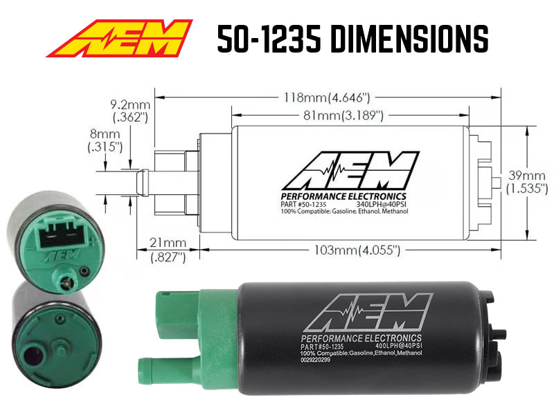AEM 400 LPH E85 Compatible Fuel Pump Kit - Single Barb - Ethanol Compatible - 50-1235