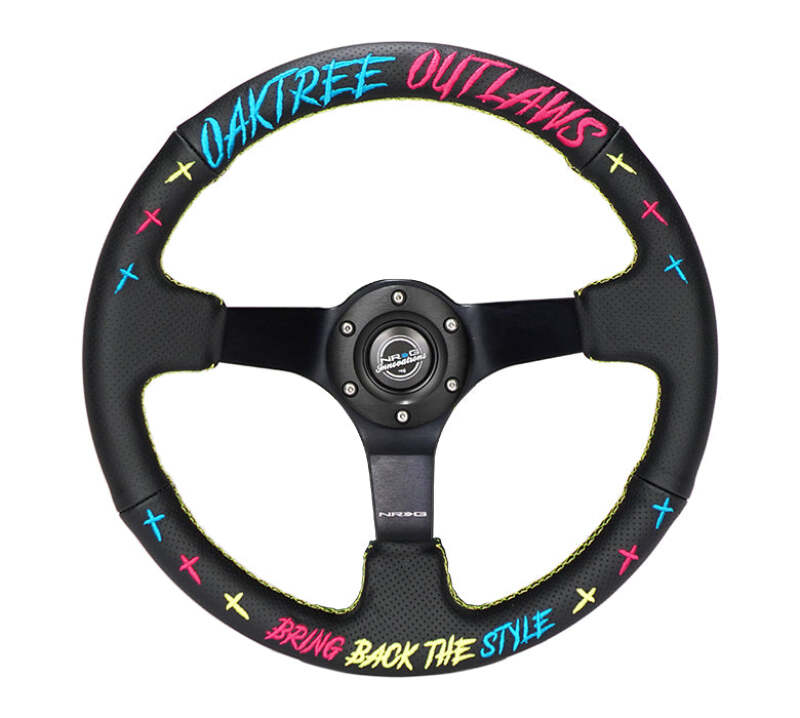 NRG Reinforced Steering Wheel - Oak Tree Outlaws 3in Deep/5mm Blk Spoke 350mm Wheel - Blk Perf Lthr - RST-036MB-OTOL-TRI