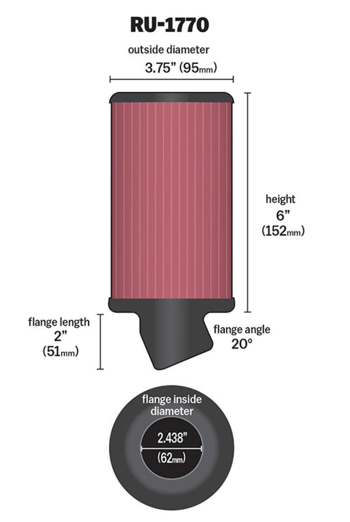 K&N Filter Universal Rubber Filter 2 7/16 inch 20 Degree Flange 3 3/4 inch OD 6 inch Height - RU-1770