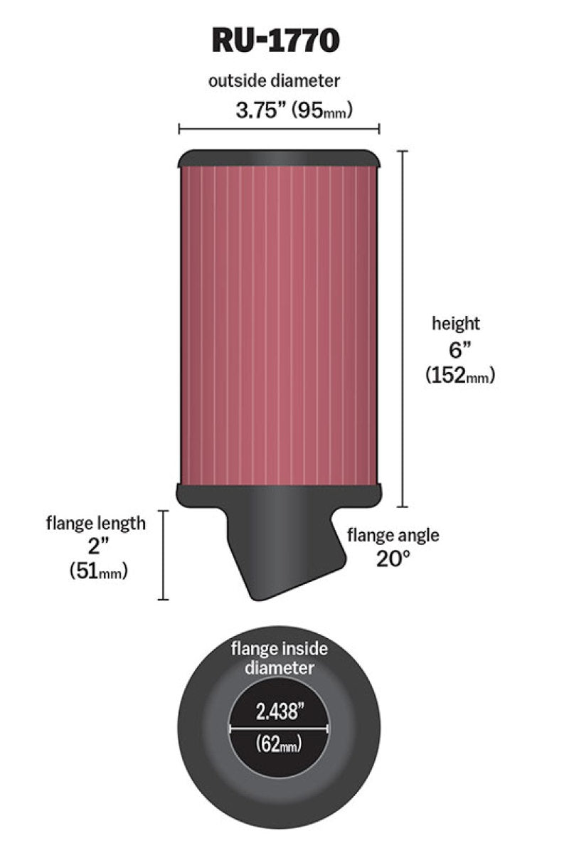 K&N Filter Universal Rubber Filter 2 7/16 inch 20 Degree Flange 3 3/4 inch OD 6 inch Height - RU-1770