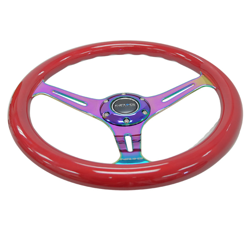 NRG Classic Wood Grain Steering Wheel (350mm) Red Grip w/Neochrome 3-Spoke Center - ST-015MC-RD